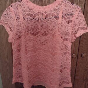 M M Couture Coral Lace Short Sleeve Top with Coral Cami Shell